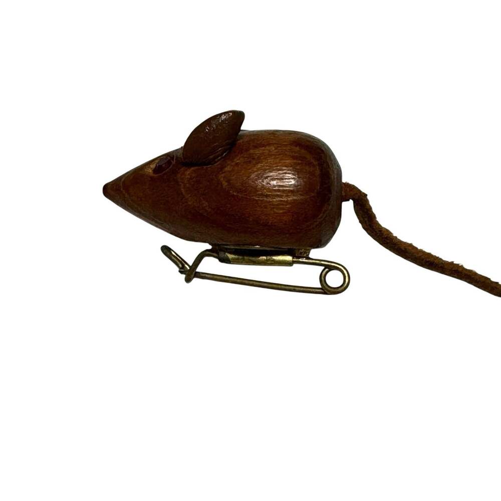 VTG 1960s Danish Teak Wood Mouse Brooch Pin Red Rhinestone Eyes Leather Tail